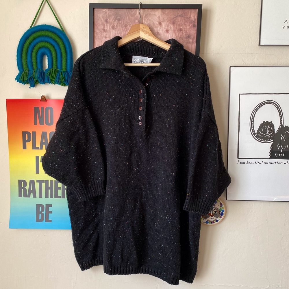 Vintage Venezia Black Rainbow Speckled Collared 3/4 Sleeve Sweater One Size